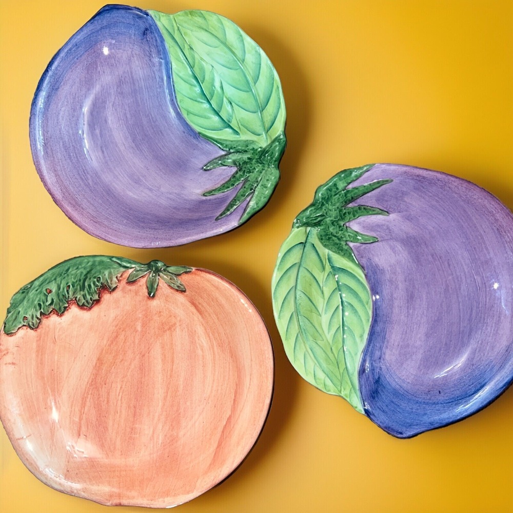 Italian Art Pottery Eggplant Peach 8 Inch Salad Plate Set Of 3 Made In Italy
